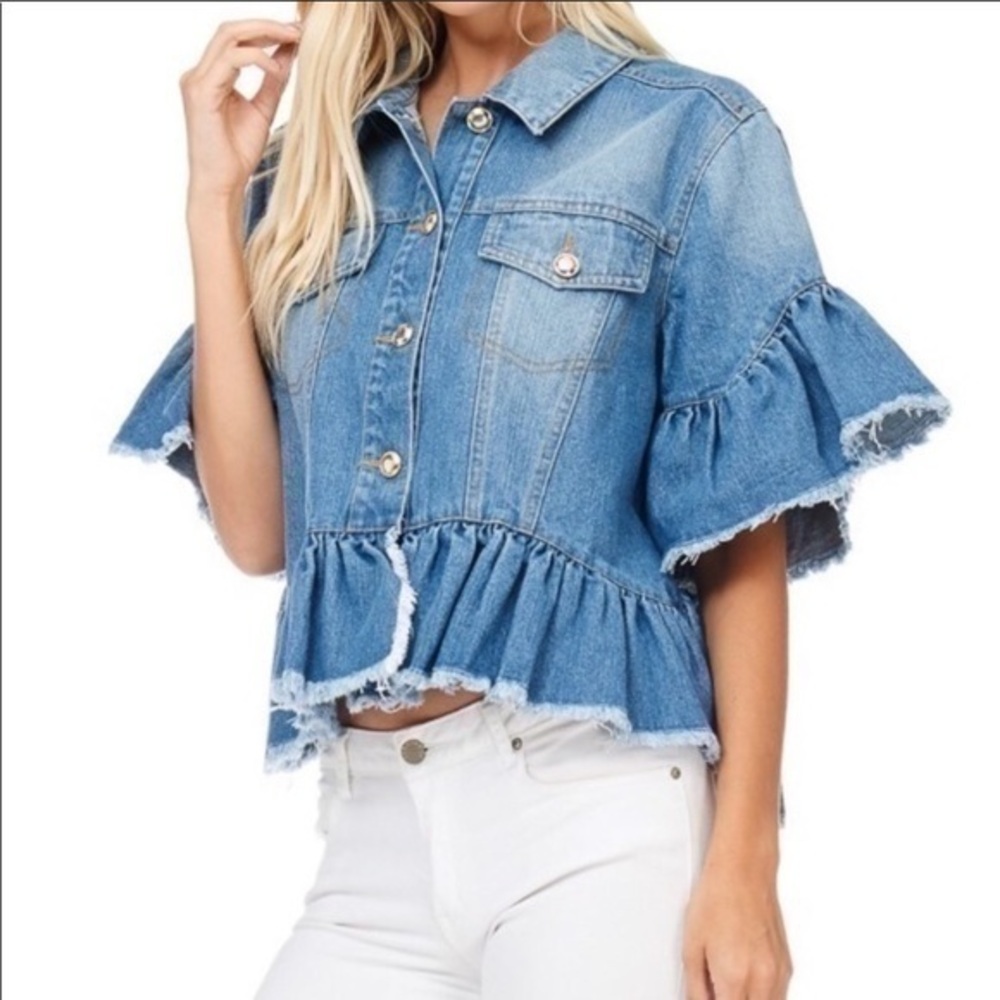 TOV Trucker Riffle Accent Jean Jacket Top Size 38